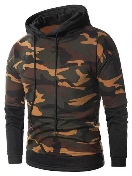 Panel Long Sleeve Camo Drawstring Hoodie