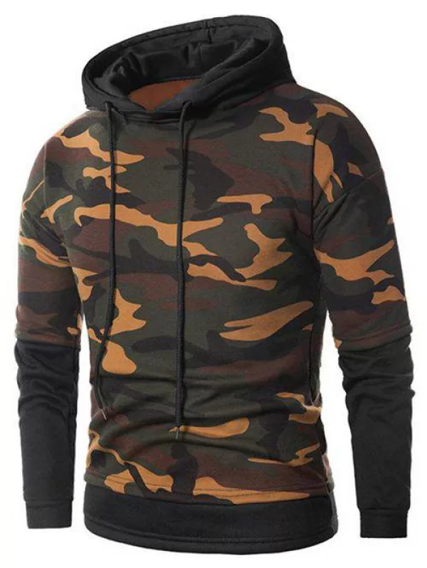 Panel Long Sleeve Camo Drawstring Hoodie