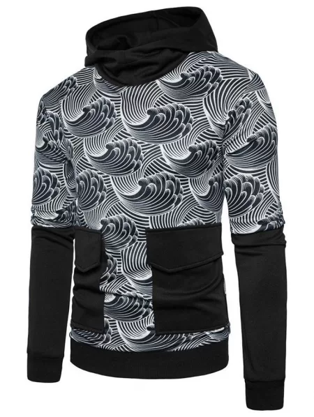 Panel Sea Wave Print Hoodie