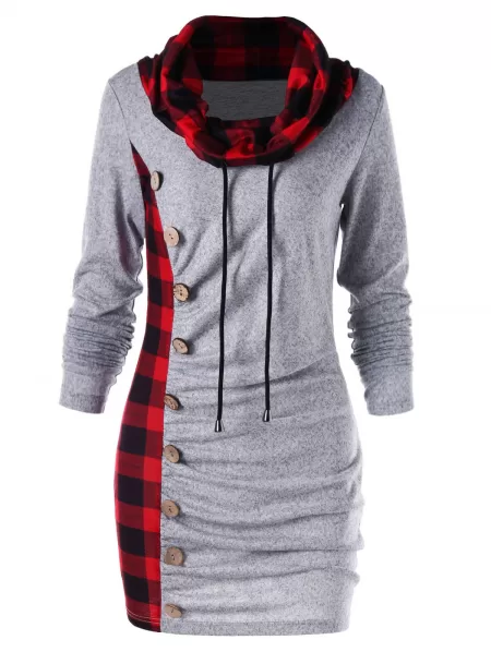 Plaid Drawstring Cowl Neck Tunic Sweatshirt Dress