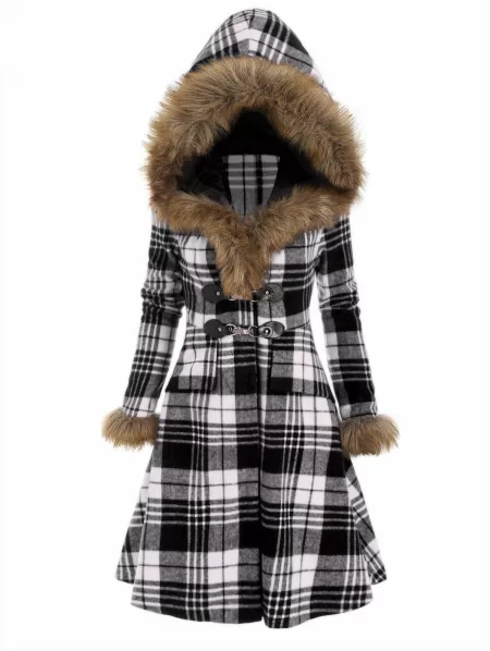Plaid Faux Fur Hood Longline Coat