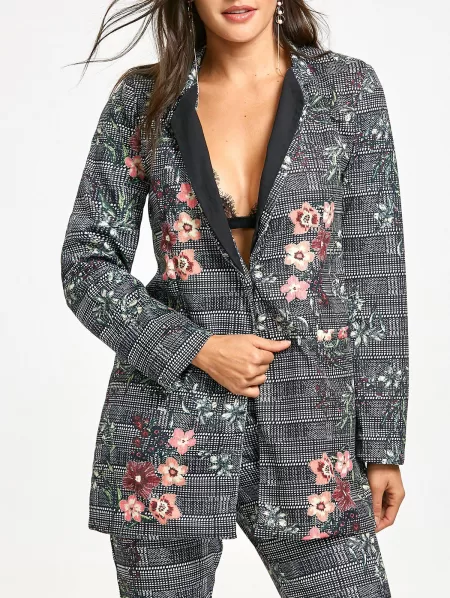 Plaid Flower Printed Lapel Coat