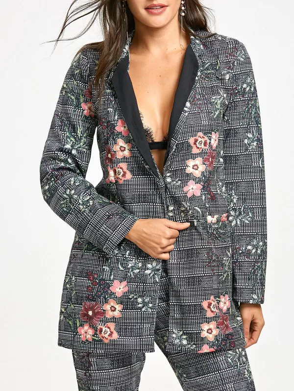Plaid Flower Printed Lapel Coat
