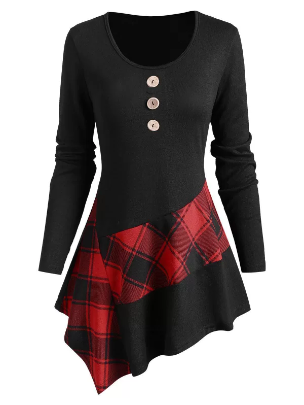 Plaid Insert Mock Button Asymmetrical Knitwear
