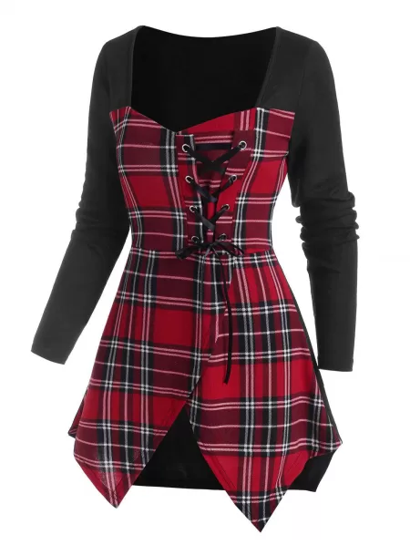 Plaid Lace Up Uneven Hem Knitwear