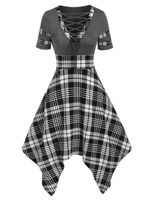 Plaid O Ring Lace Up Handkerchief Dress