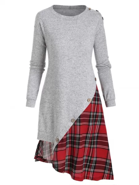 Plaid Panel Buttons Irregular Sweatshirt Dress