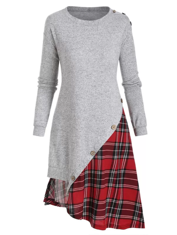 Plaid Panel Buttons Irregular Sweatshirt Dress