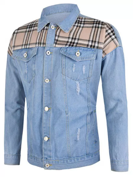 Plaid Patch Ripped Flap Pocket Jean Jacket