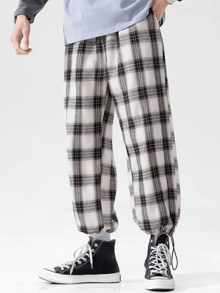 Plaid Pattern Elastic Waist Pants