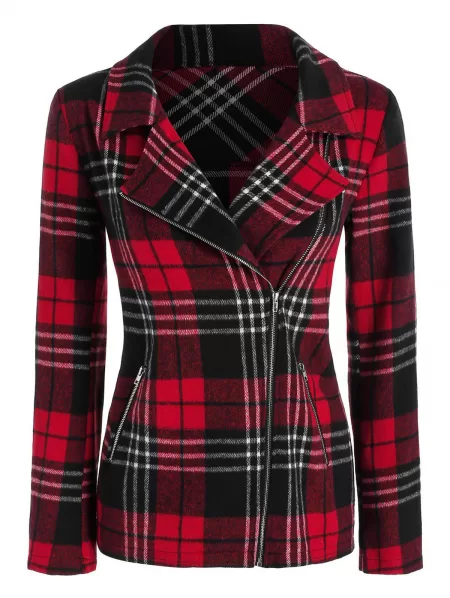 Plaid Pattern Zip Up Wool Blend Jacket