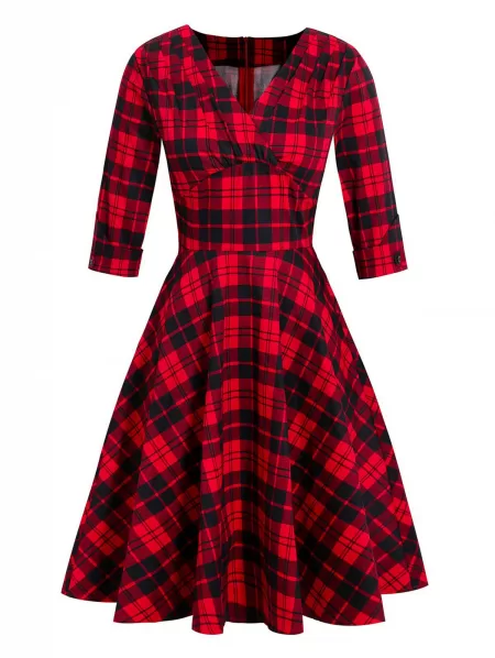 Plaid Plunging Empire Waist Vintage Dress