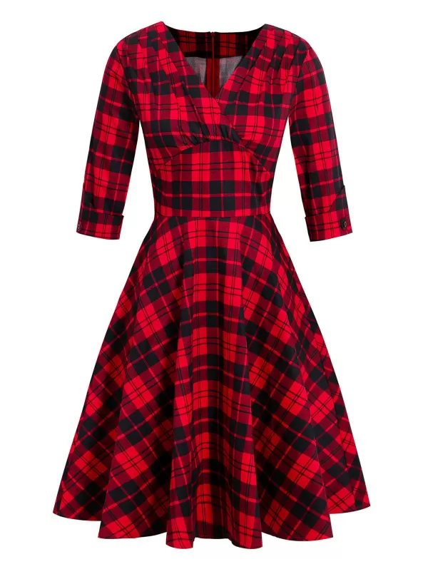Plaid Plunging Empire Waist Vintage Dress