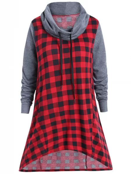 Plaid Print Drawstring High Low T-shirt