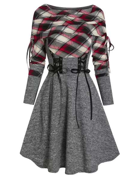 Plaid Print Lace-up Cinched Sweater Dress