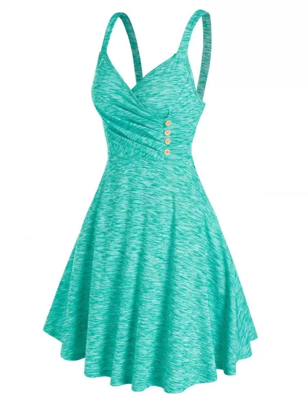 Pleated Buttons Fit And Flare Dress