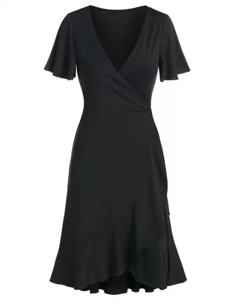 Plunge Neck Flounced Wrap Dress