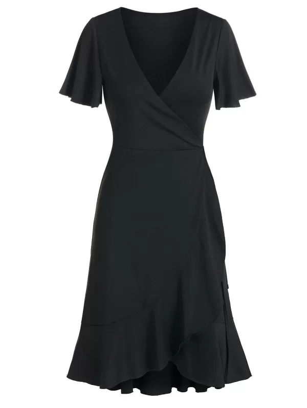 Plunge Neck Flounced Wrap Dress