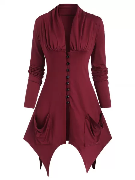 Plunging Button Up Slit Pocket Handkerchief T Shirt