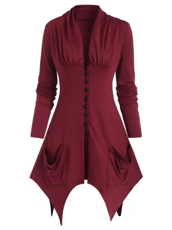 Plunging Button Up Slit Pocket Handkerchief T Shirt