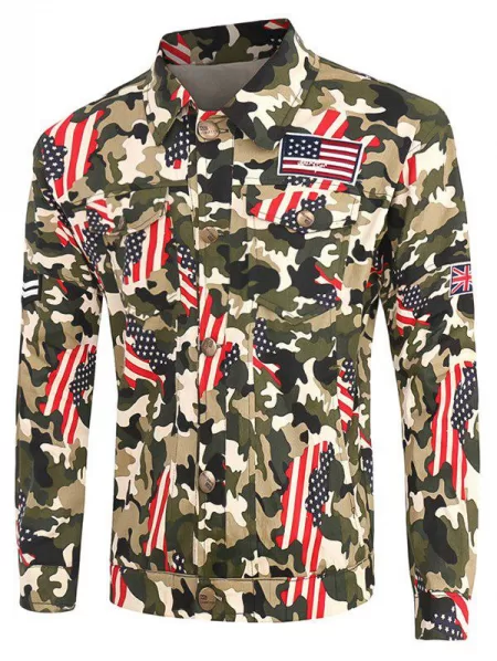 Plus Size Star And Stripe Print Turn-down Collar Long Sleeve Camouflage Cargo Jacket