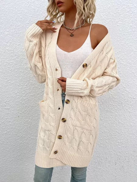 Pockets Button Up Cable Knit Cardigan