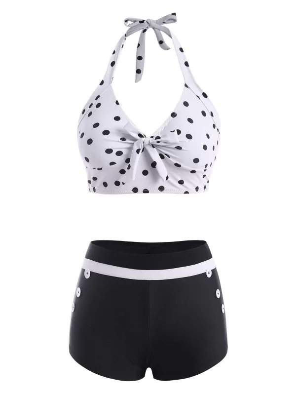Polka Dot Bowknot Mock Button Halter Tankini Swimwear