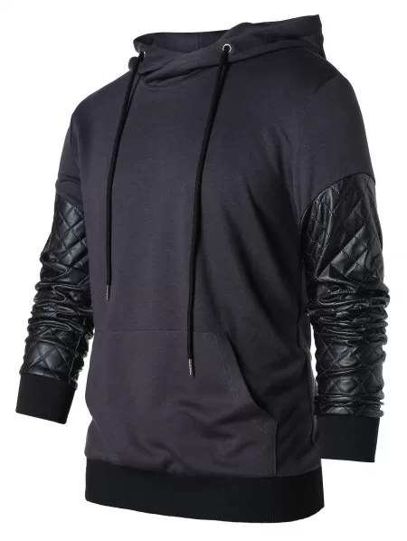 Pu Leather Panel Drawstring Hoodie