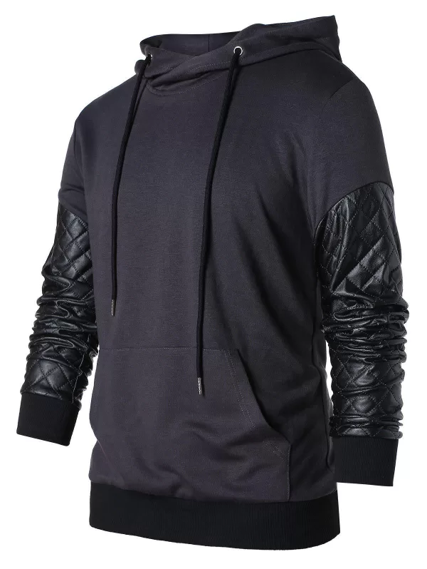 Pu Leather Panel Drawstring Hoodie