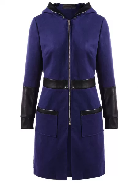 Pu Leather Panel Zipper Hooded Coat