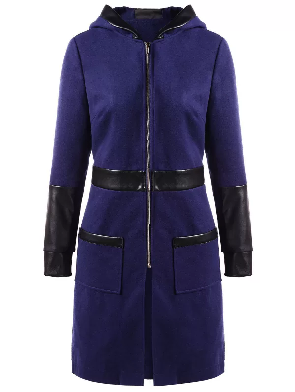 Pu Leather Panel Zipper Hooded Coat