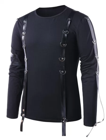 Pu Leather Strap Round Neck T-shirt