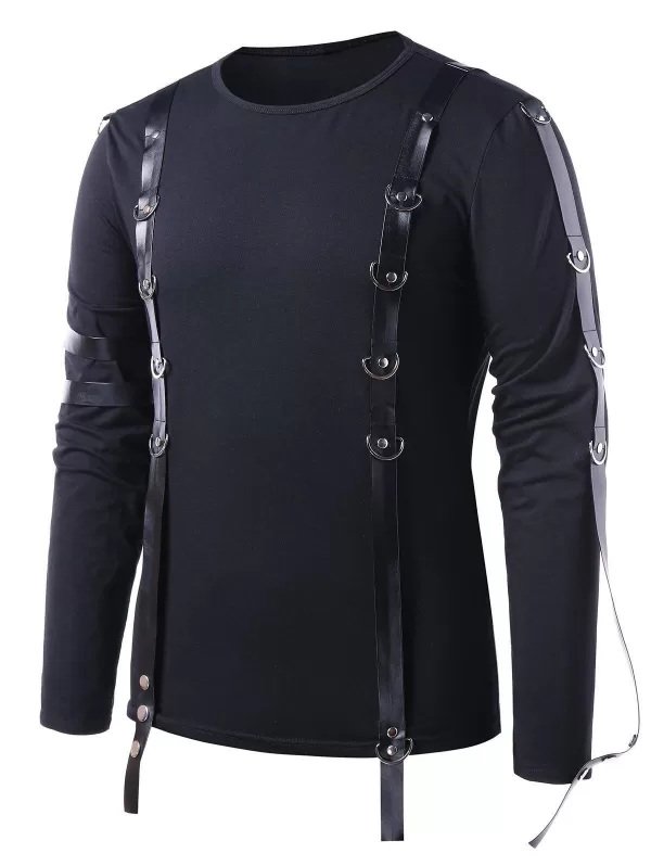 Pu Leather Strap Round Neck T-shirt