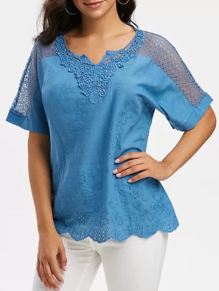 Pure Color Notched Collar Crochet Lace Insert Blouse