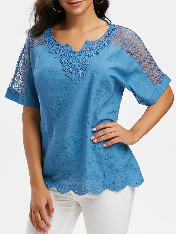 Pure Color Notched Collar Crochet Lace Insert Blouse