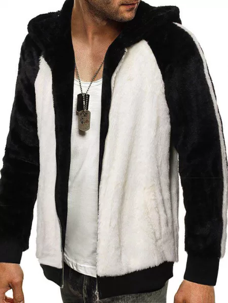 Raglan Sleeve Hooded Contrast Faux Fur Fluffy Jacket