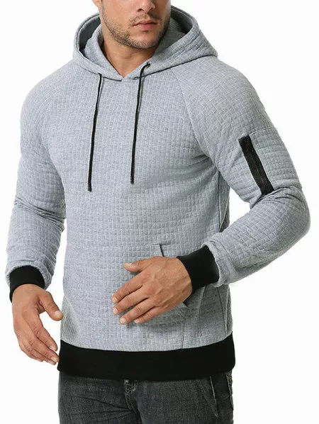 Raglan Sleeve Zipper Pocket Plaid Emboss Hoodie