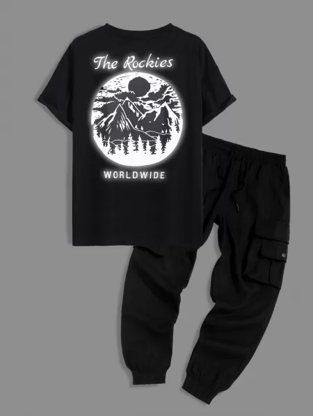 Reflective Landscape Print Short Sleeves T Shirt With Jogger Cargo Pants