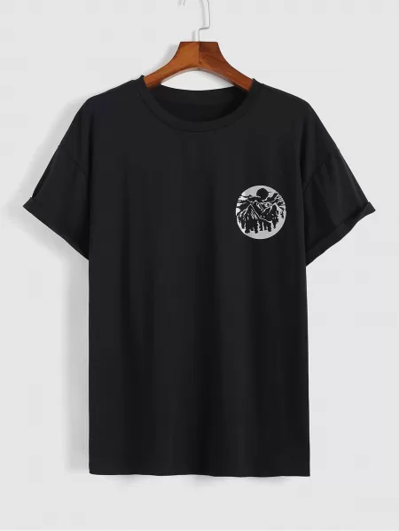 Reflective Landscape Print Short Sleeves T Shirt With Jogger Cargo Pants