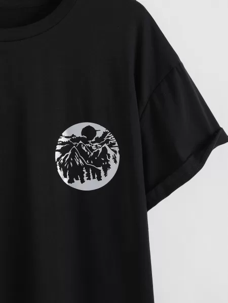 Reflective Landscape Print Short Sleeves T Shirt With Jogger Cargo Pants