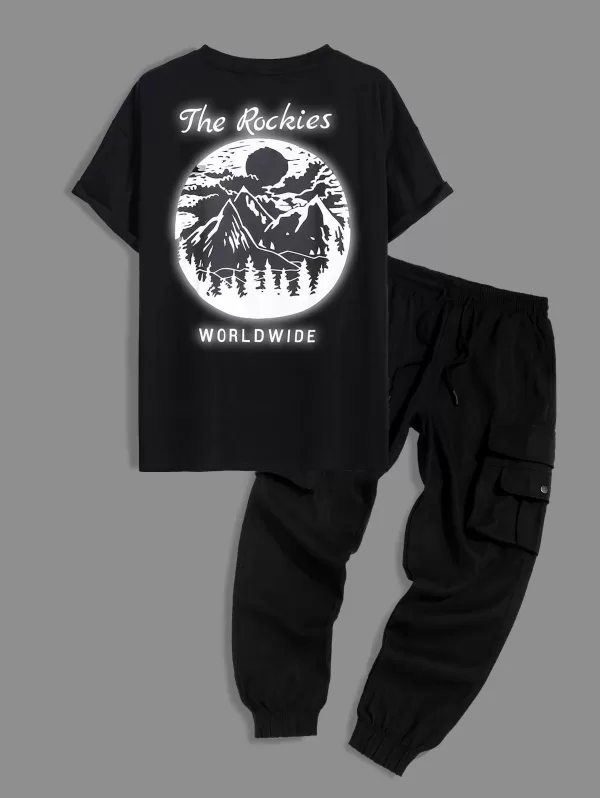 Reflective Landscape Print Short Sleeves T Shirt With Jogger Cargo Pants