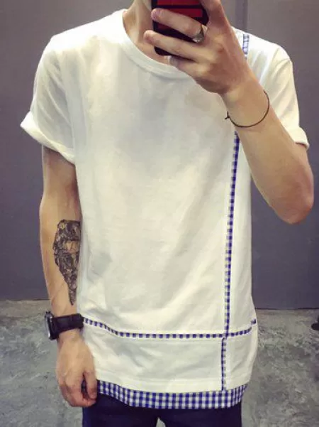 Refreshing Round Neck Asymmetric Hem Plaid Spliced Short Sleeves Men's Slimming T-shirt