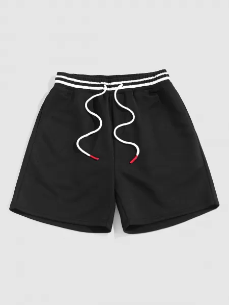 Ribbed Collar Casual T-shirt With Drawstring Sweat Shorts Two Piece Set