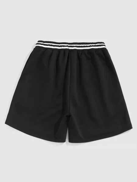 Ribbed Collar Casual T-shirt With Drawstring Sweat Shorts Two Piece Set