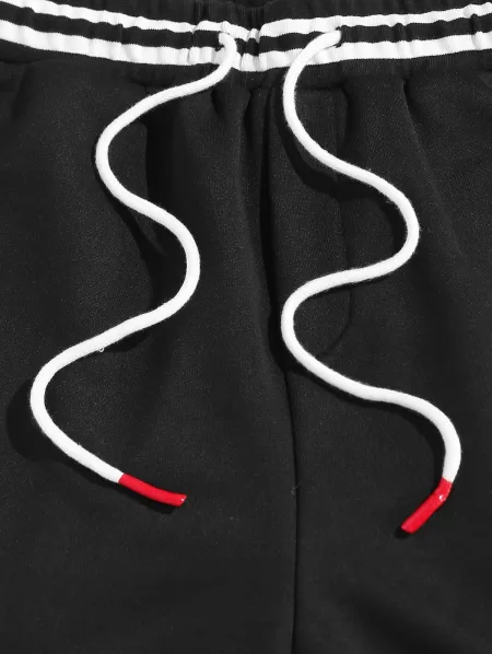 Ribbed Collar Casual T-shirt With Drawstring Sweat Shorts Two Piece Set