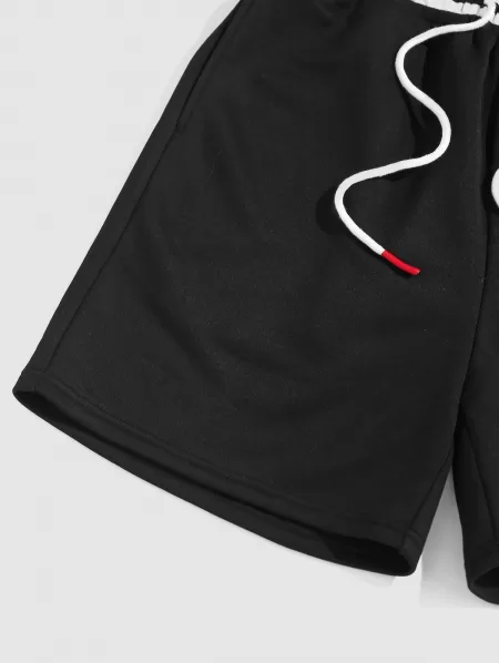 Ribbed Collar Casual T-shirt With Drawstring Sweat Shorts Two Piece Set