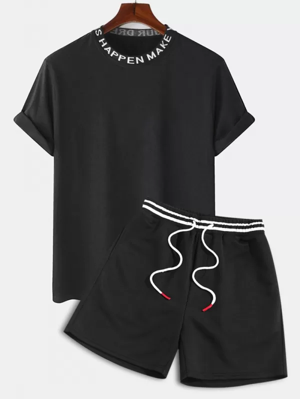 Ribbed Collar Casual T-shirt With Drawstring Sweat Shorts Two Piece Set