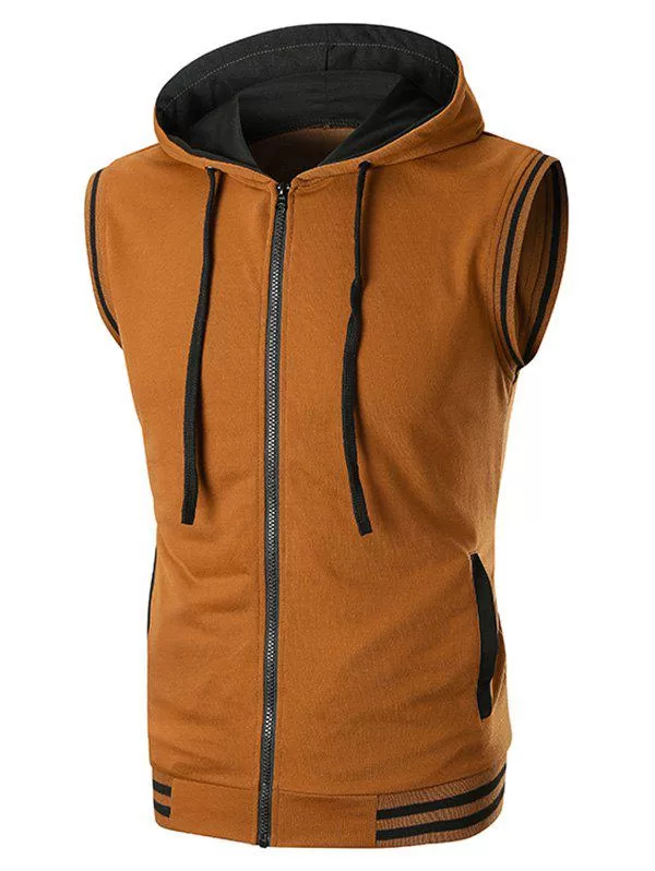 Ribbed Contrast Zipper Fly Hooded Tank Top