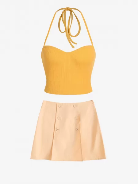 Ribbed Halter Tank Top With Overlap Ol Skirt