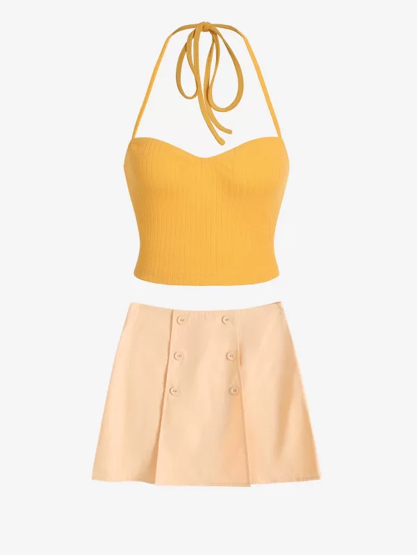 Ribbed Halter Tank Top With Overlap Ol Skirt